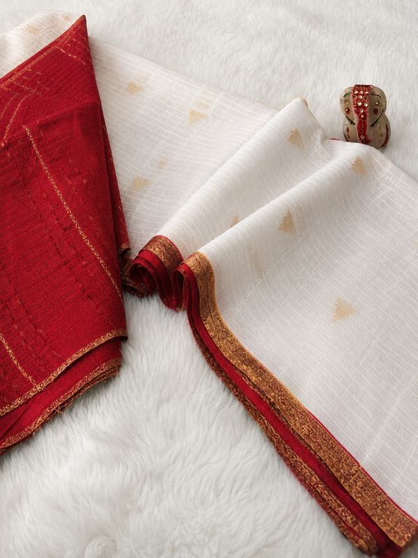 Kota Silk White & Red Saree | Indiehaat