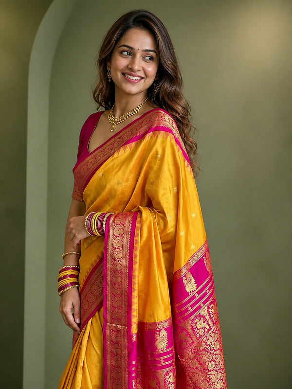 Indiehaat | Paithani Silk Handloom Saree Yellow