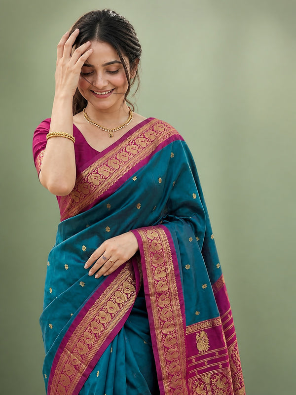Indiehaat | Paithani Silk Handloom Saree Blue