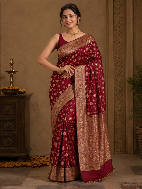 Indiehaat | Maroon Katan Silk Heavy Zari Saree
