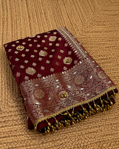 Indiehaat | Maroon Katan Silk Heavy Zari Saree