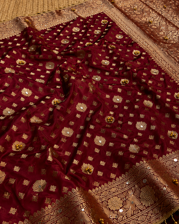 Indiehaat | Maroon Katan Silk Heavy Zari Saree