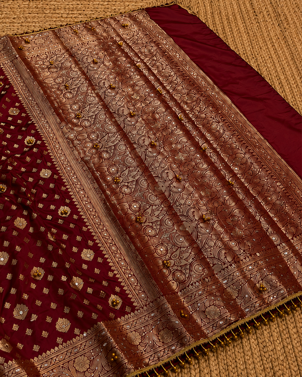 Indiehaat | Maroon Katan Silk Heavy Zari Saree