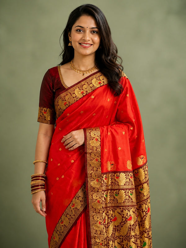 Indiehaat | Paithani Silk Peacock Saree Red
