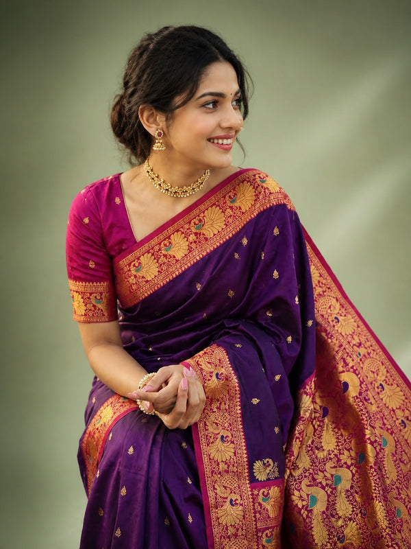Indiehaat | Paithani Silk Peacock Saree Violet