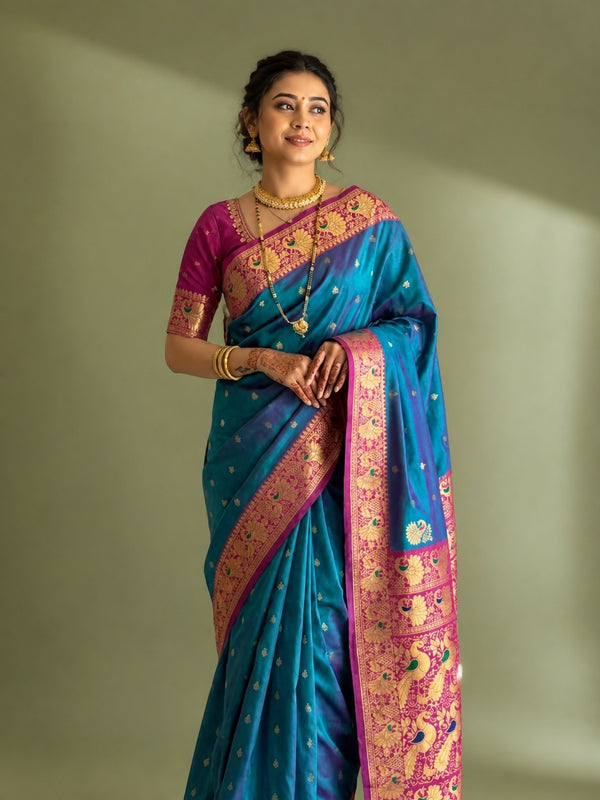 Indiehaat | Paithani Silk Peacock Saree Blue