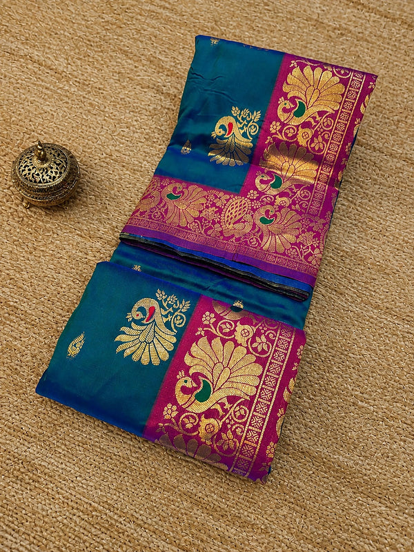 Indiehaat | Paithani Silk Peacock Saree Blue