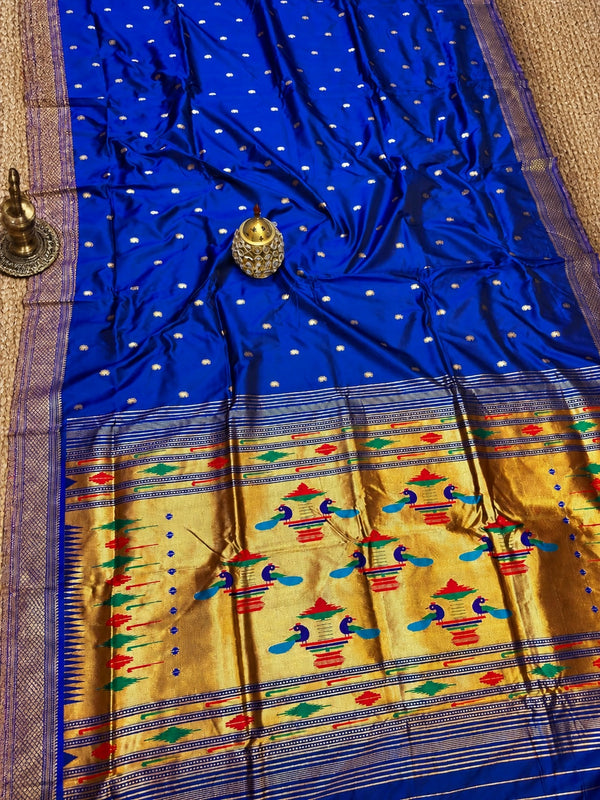 Indiehaat | Double Pallu Paithani Silk Saree Blue