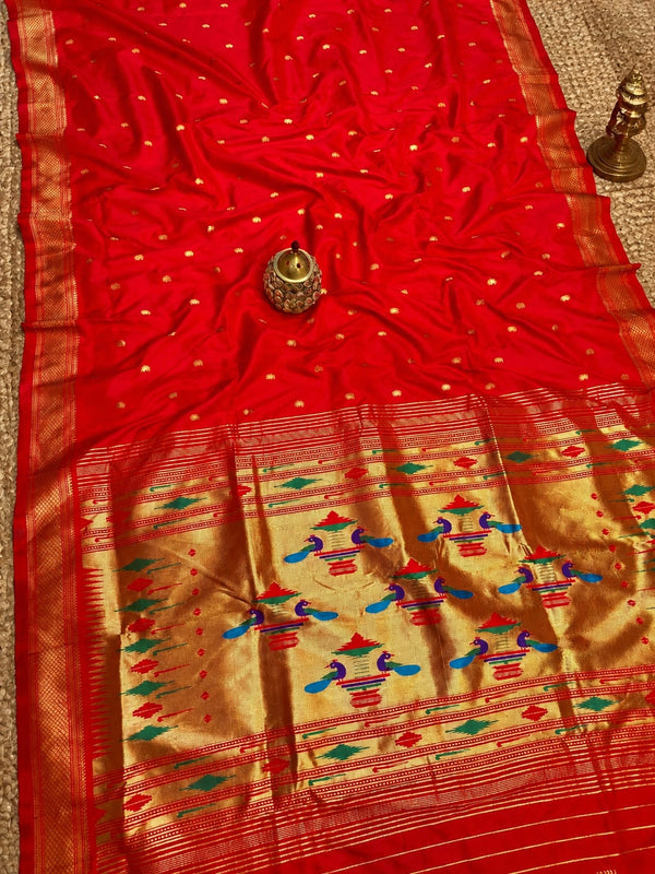 Indiehaat | Double Pallu Paithani Silk Saree Red
