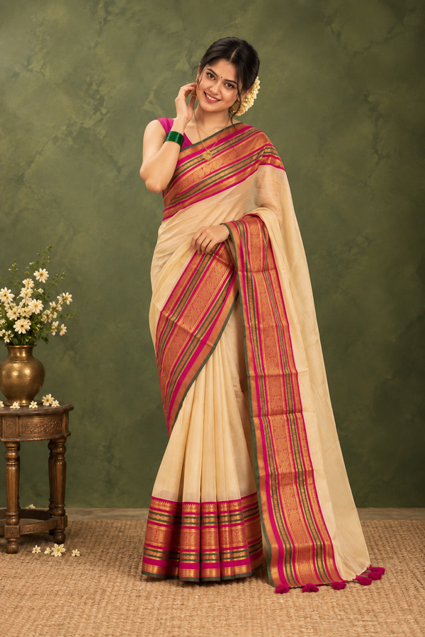 Indiehaat | Mul Cotton Handloom Saree Cream