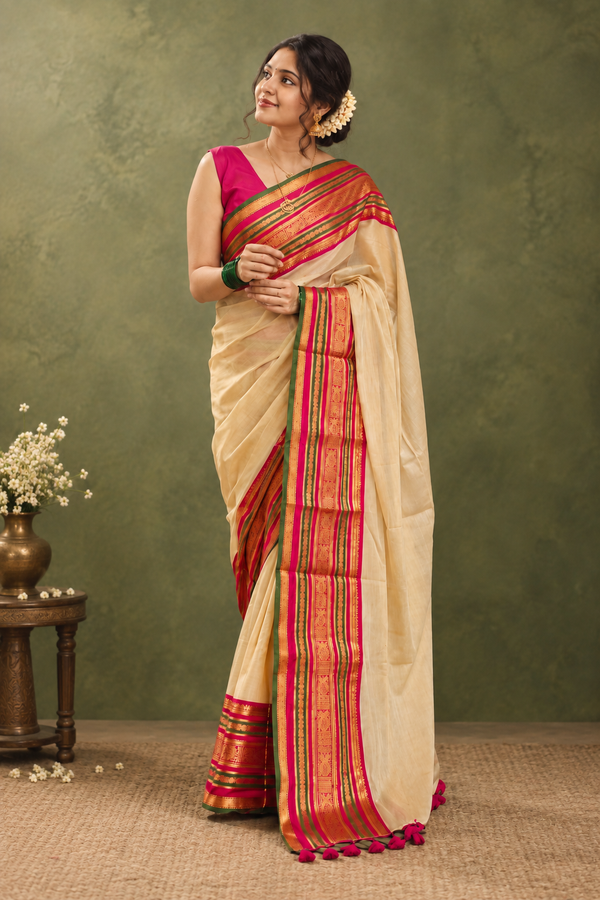 Indiehaat | Mul Cotton Handloom Saree Cream