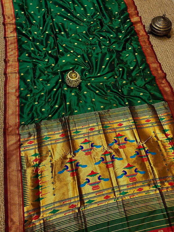 Indiehaat | Double Pallu Paithani Silk Saree Green