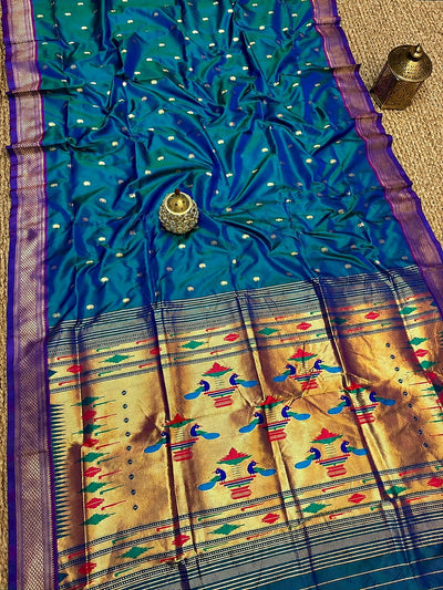 Rajshree Double Pallu Paithani Silk Saree Deep Teal