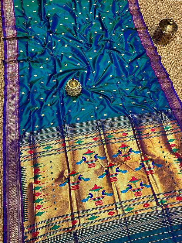 Indiehaat | Double Pallu Paithani Silk Saree Blue