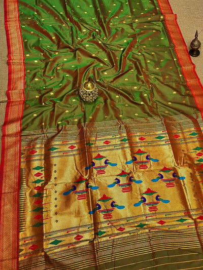 Rajshree Double Pallu Paithani Silk Saree Olive Green