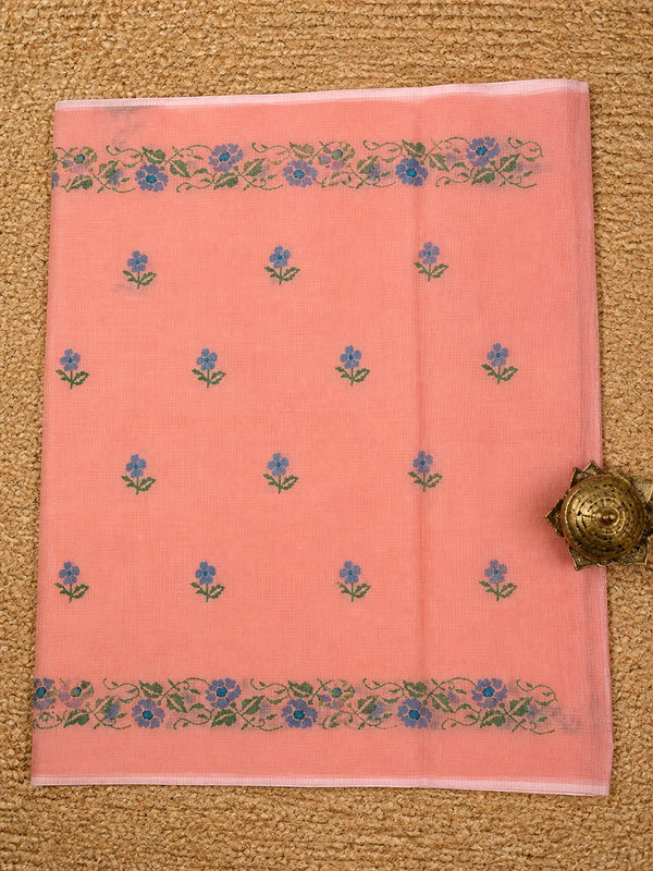 Indiehaat | Kota Doria Saree Floral Embroidery Peach