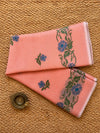 Indiehaat | Kota Doria Saree Floral Embroidery Peach