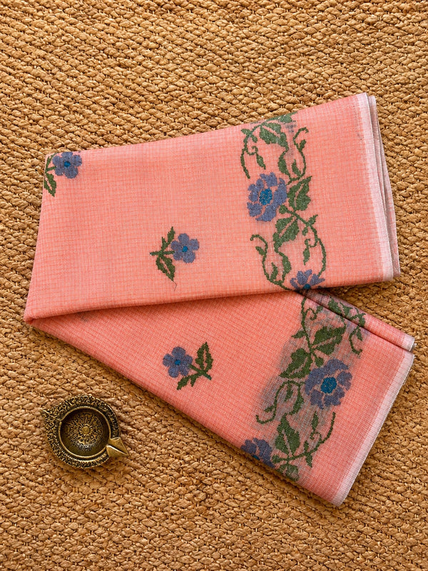 Indiehaat | Kota Doria Saree Floral Embroidery Peach