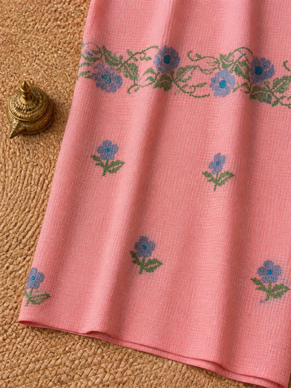 Indiehaat | Kota Doria Saree Floral Embroidery Peach