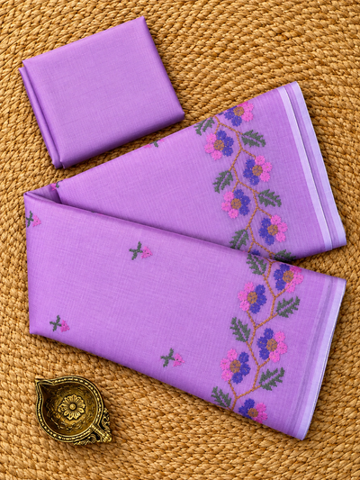 Gulbadan Kota Doria Embroidered Saree Lavender