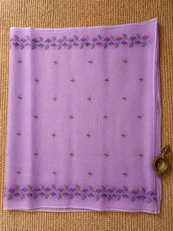 Indiehaat | Kota Doria Saree Floral Embroidery Purple
