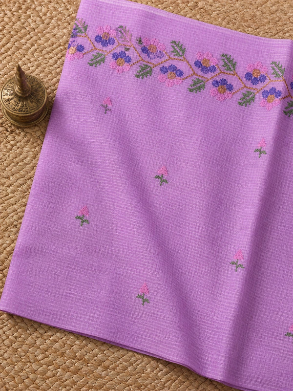 Indiehaat | Kota Doria Saree Floral Embroidery Purple