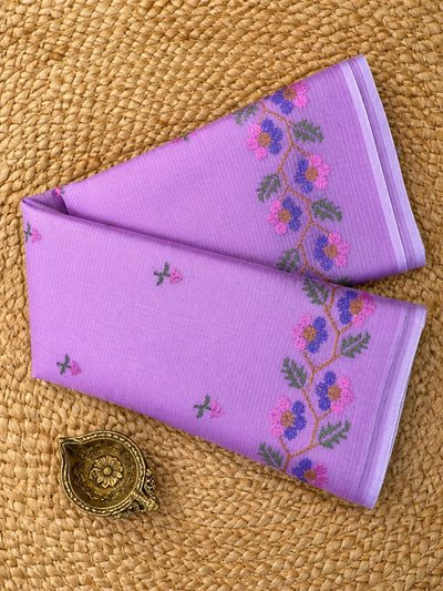 Gulbadan Kota Doria Embroidered Saree Lavender
