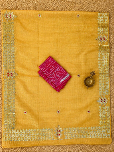 Bahar Kota Doria Gota Patti Saree Bright Yellow