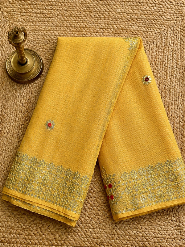 Indiehaat | Kota Doria Gota Patti Saree Yellow
