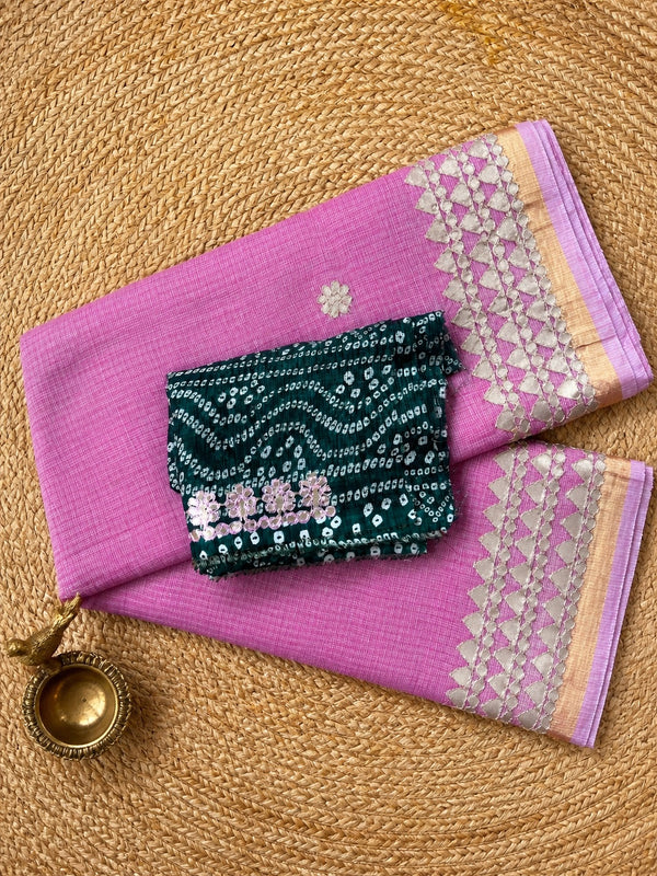Indiehaat | Kota Doria Saree Gota Patti Buti Embroidery Pink