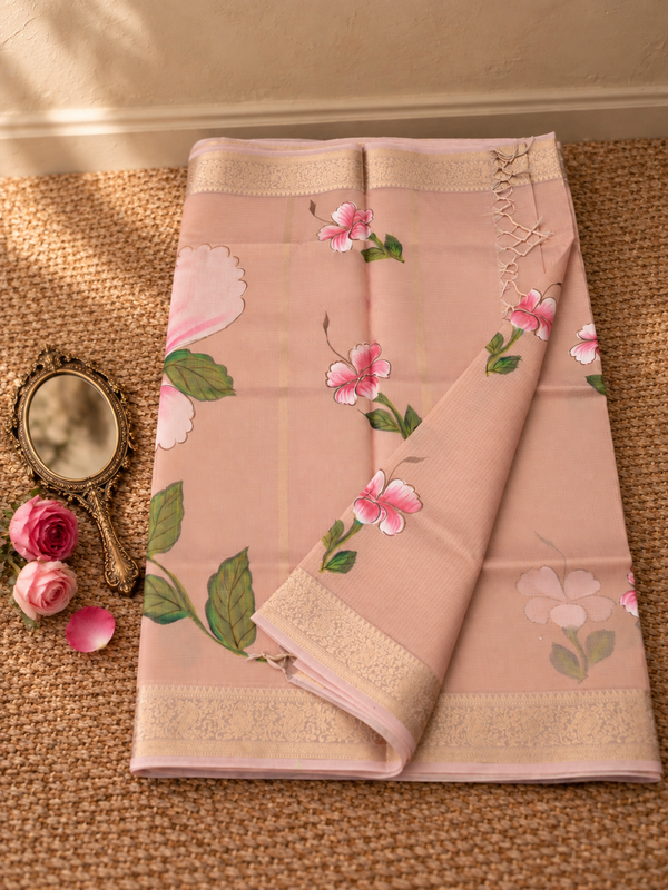 Indiehaat | Kota Doria Semi Silk Saree Hand Painting Pink
