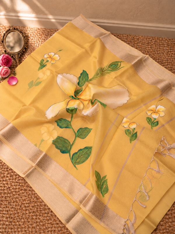 Indiehaat | Kota Doria Semi Silk Saree Hand Painting Yellow