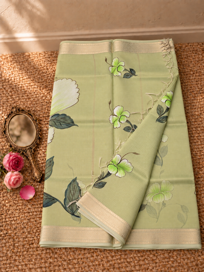 Milana Kota Doria Semi Silk Hand-Painted Saree Sage Green