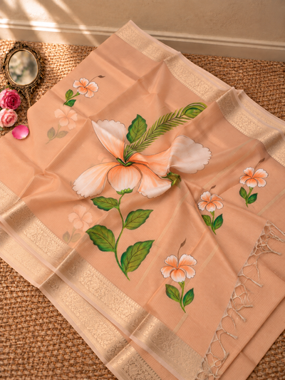 Indiehaat | Kota Doria Semi Silk Saree Hand Painting Peach