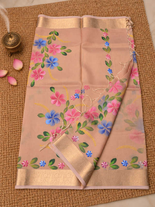 Indiehaat | Kota Doria Semi Silk Saree Hand Painting Pink