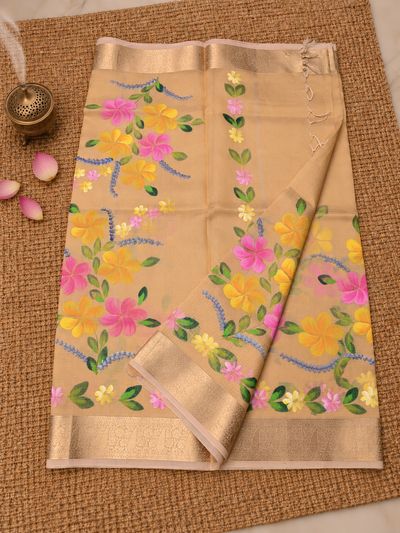 Rangini Kota Doria Semi Silk Hand-Painted Saree Muted Gold
