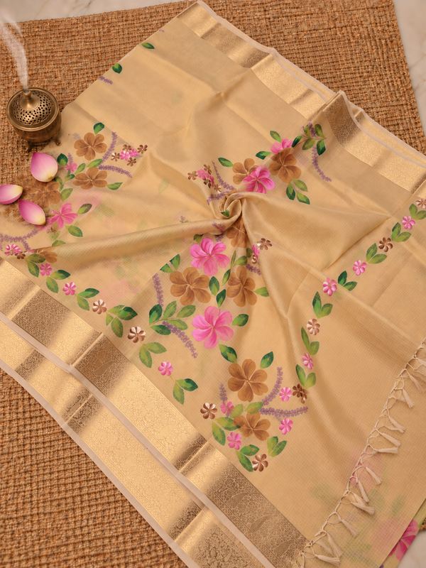 Indiehaat | Kota Doria Semi Silk Saree Hand Painting Beige