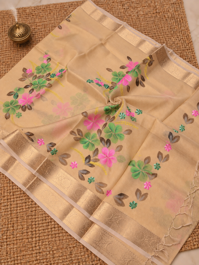 Indiehaat | Kota Doria Semi Silk Saree Hand Painting Beige