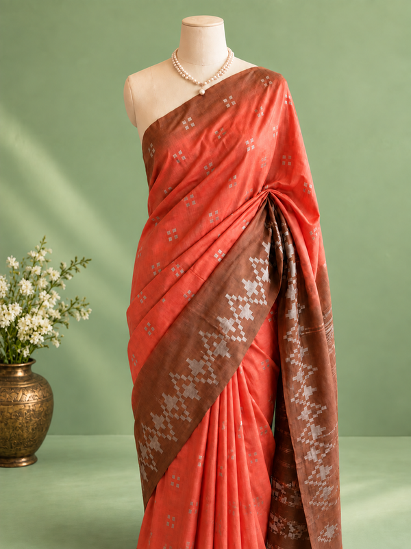 Indiehaat | Kota Silk Saree Jacquard Weaving Orange