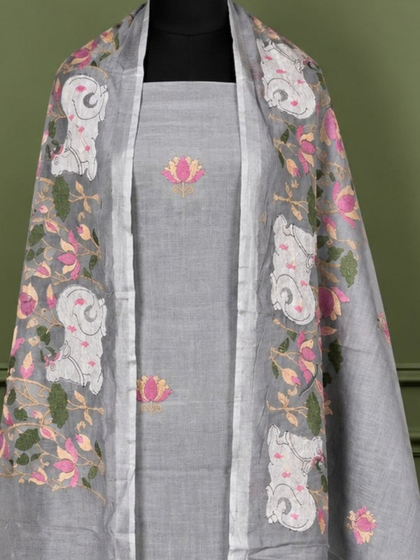 Indiehaat | Pure Linen Embroidered Suit Set Gray