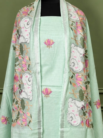 Indiehaat | Pure Linen Embroidered Suit Set Green
