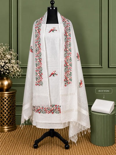 Gulshan Pure Linen Embroidered Suit (T+B+D) Pristine White