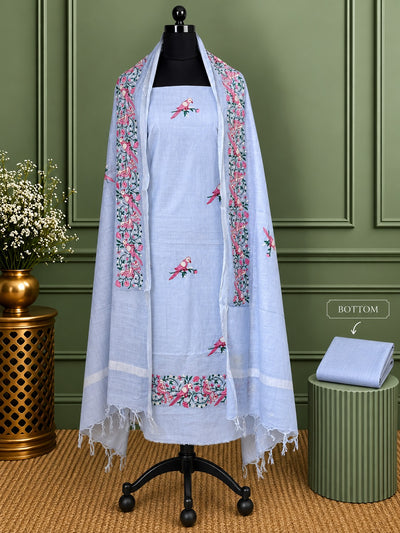 Gulshan Pure Linen Embroidered Suit (T+B+D) Powder Blue