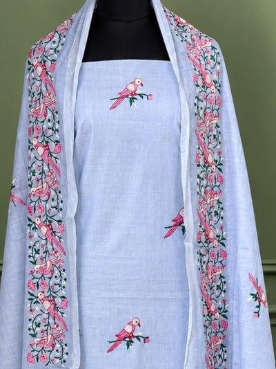 Indiehaat | Pure Linen Embroidered Suit Set Blue