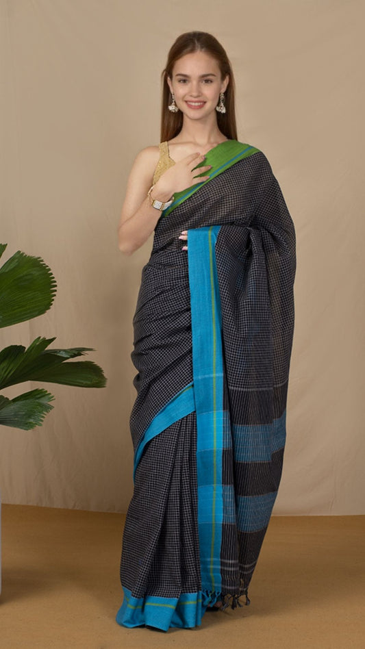 3675-Patteda Anchu Handloom Mark Certified Pure Cotton Saree Jet Grey Color with Running Blouse