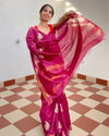Silkmark Certified Moonga Tussar Silk Saree Purple Color Embroidered with Running Blouse-Indiehaat
