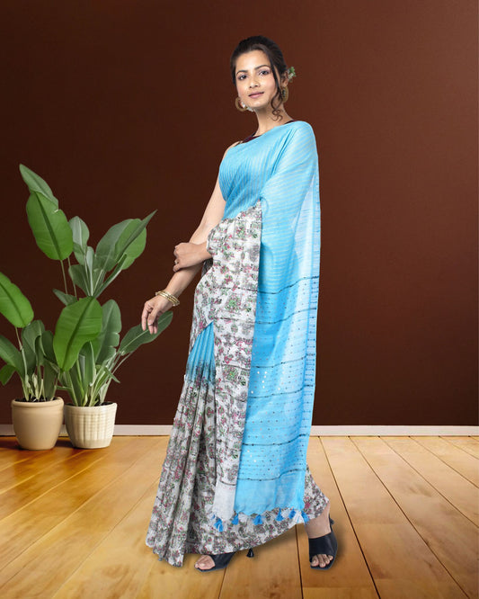 6281-Kota Silk Saree Summer Sky Blue Color Body Striped with Sequence Pallu, Half Dye Half Print and Running Blouse