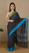 Handloom Mark Patteda Anchu Charcoal Cotton Saree Jet Gray