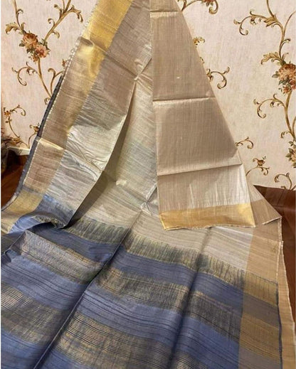 2514-Handloom Kota Silk Saree Beige Color with Indigo Blue Pallu and Indigo Blue Blouse