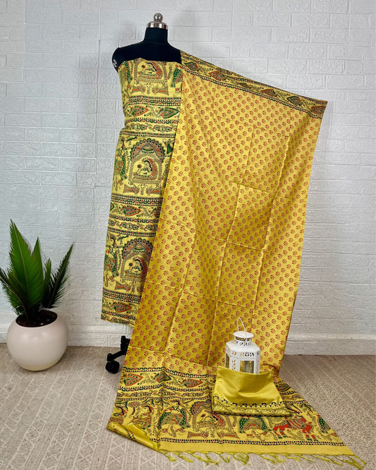 8813-Katan Silk Suit Mustard Yellow Color Madhubani Print